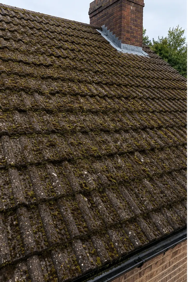 A tiled roof covered in moss before cleaning by Tammat Group