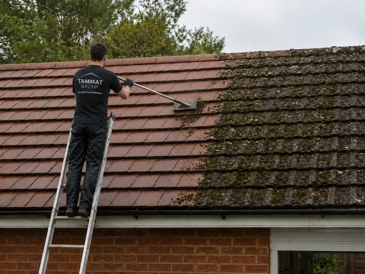 A Tammat Group operative pressure-washing moss from a tiled roof