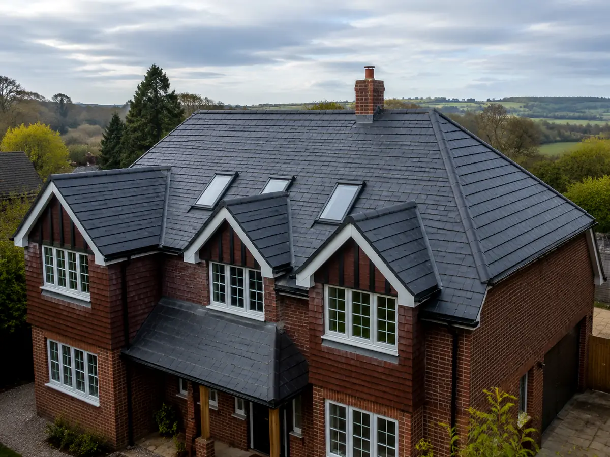 A newly installed grey tiled roof on a detached house by Tammat Group