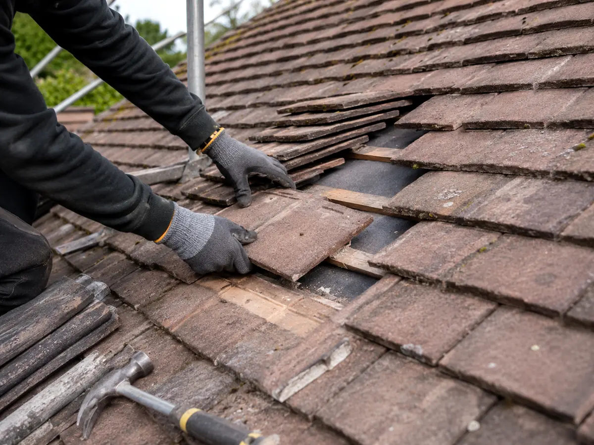 A Tammat Group roofer replacing tiles during a roof repair